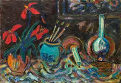 Atelierstillleben mit roten Blumen by Helmuth Macke, Öl auf Leinwand, sold Jun 2015