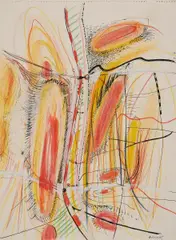 Auktion 329, Los 233 by Peter Brüning, 1965, Mischtechnik (Tusche, Filzstift, Farbkreiden) auf Velin, an der oberen Kante perforiert, sold Nov 2013