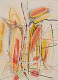 Peter Brüning, Auktion 329, Los 233, 1965, Mischtechnik (Tusche, Filzstift, Farbkreiden) auf Velin, an der oberen Kante perforiert
