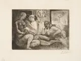 Pablo Picasso, Femmes entre elles avec voyeur sculpté. Clin d'oeil au bain turc, Radierung auf Montval (Wasserzeichen)
