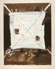 Ohne Titel by Antoni Tàpies, Farblithografie und Collage (Leinwand) auf ARCHES FRANCE (Wasserzeichen), sold Nov 2015