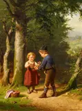 Heinrich Wilhelmi, Zwei Kinder mit einem Vogelnest, Öl auf Leinwand