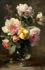 Eugène Petit, Rosenstrauß in einer Glasvase, Öl auf Holz
