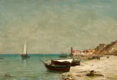Strandansicht mit Dorf by Adolphe Appian, Öl auf Leinwand, sold Nov 2015