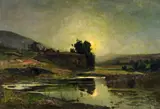 Hippolyte Camille Delpy, Flusslandschaft bei Modschein, Öl auf festem Karton
