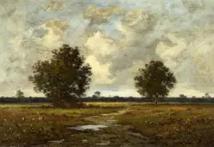 Léon Richet, Weite Landschaft vor Kirchdorf, Öl auf Leinwand
