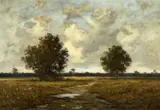 Léon Richet, Weite Landschaft vor Kirchdorf, Öl auf Leinwand