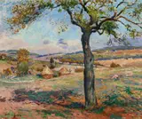 Victor Vignon, Sommerlandschaft in der Provence mit Olivenbäumen und Heuschobern, Öl auf Leinwand