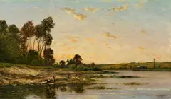 Kleine Flusslandschaft im Abendrot by Hippolyte Camille Delpy, Öl auf Holz, sold Nov 2014