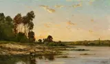 Hippolyte Camille Delpy, Kleine Flusslandschaft im Abendrot, Öl auf Holz
