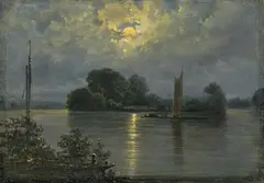 Carl Gustav Carus, Vollmond bei Pillnitz, Öl auf Karton