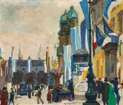 Josse Goossens, "Vor dem Fest (Odeonsplatz im Fahnenschmuck)", Öl auf Leinwand