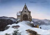 Ernst Ferdinand Oehme, "Bergkapelle im Winter", Öl auf Leinwand