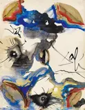 Salvador Dalí, Ohne Titel (Landschaft mit Lippen und Augen), Mischtechnik mit Papiercollage auf beschichtetem Karton