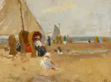 Salomon Garf, Strandszene, Öl auf Faserplatte