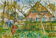 Lisel Oppel, Bauerngarten, Öl auf Malkarton auf Karton montiert