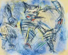 Bernd Schwarzer, Ohne Titel (Vogel und Katze), Mischtechnik (Farbkreiden, Gouache) auf Maschinenbütten
