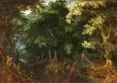 Gillis von III Coninxloo, Treibjagd im Wald, Öl auf Holz