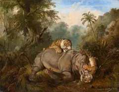 Raden Saleh Ben Jaggia, Kampf zwischen einem javanesischen Rhinozeros und zwei Tigern, Öl auf Leinwand