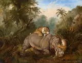 Kampf zwischen einem javanesischen Rhinozeros und zwei Tigern by Raden Saleh Ben Jaggia, Öl auf Leinwand, sold Nov 2014