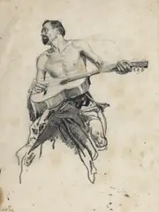 "Horseman playing the guitar" by Franz Roubaud, Bleistift auf Karton, sold Nov 2014