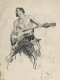 Franz Roubaud, "Horseman playing the guitar", Bleistift auf Karton