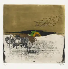 Sieben Landschaften by Johnny Friedlaender, Kassette mit sieben farbigen Aquatintaradierungen auf Arches, sold Nov 2014