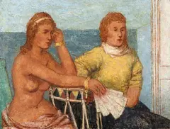Robert Pudlich, Zwei sitzende junge Frauen, Öl auf Leinwand