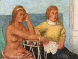 Robert Pudlich, Zwei sitzende junge Frauen, Öl auf Leinwand