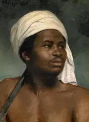 Franz Defregger, Porträt eins Afrikaners mit weißem Kopftuch, Öl auf Papier