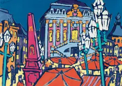 Bernhard Kühlewein, "Bonn - Am Marktplatz mit altem Rathaus und Universitätsturm bei Nacht", Öl auf Hartfaser