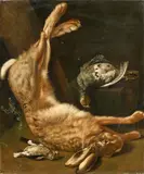 Jakob Samuel Beck, Jagdstillleben mit Hasen und Singvögeln, Öl auf Leinwand