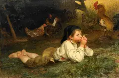 Die Rast im Hühnerstall by Felix Schlesinger, Öl auf Holz, sold Nov 2014