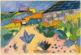 Andreas Jawlensky, Ohne Titel (Dorflandschaft mit Feldern), Pastell auf Velin