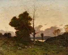 Flusslandschaft bei Sonnenuntergang by Henri Harpignies, Öl auf Leinwand, sold Nov 2014