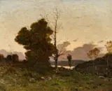 Henri Harpignies, Flusslandschaft bei Sonnenuntergang