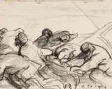 Robert Sterl, Männer am Schiffsgöpel, Kohlezeichnung auf MBM (Wasserzeichen)