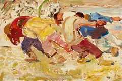 Schiffszieher an der Wolga by Robert Sterl, Öl auf Karton, sold Nov 2014