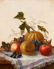 Helen Searle, Früchtestillleben mit Kürbis, Öl auf Leinwand