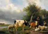 Hendrikus van de Sande Bakhuyzen, Weidendes Vieh am Flussufer, Öl auf Holz