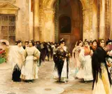 José García y Ramos, Vor der Kathedrale von Sevilla, Öl auf Holz