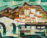 Werner Drewes, Häuser am Fluss, Öl auf Leinwand