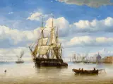 Petrus Paulus Schiedges, Hafen mit Dampfern und vor Anker liegendem Segler, Öl auf Leinwand