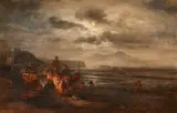 Oswald Achenbach, Fischer am nächtlichen Strandfeuer im Golf von Neapel, Öl auf Leinwand