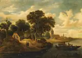 Flusslandschaft mit Fährboot by Roelof Jansz van Vries, Öl auf Holz, sold Nov 2015