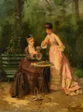 Conrad Kiesel, Blumenbindende Damen im Gewächshaus, Öl auf Holz