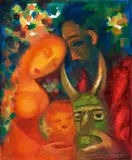 Boris Izrailevich Anisfeld, Ohne Titel (Die Heilige Familie mit einer Totemmaske), Öl auf Leinwand