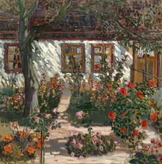 Walter Alfred Rosam, Friesenhaus mit Blumengarten, Mischtechnik auf Papier