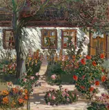 Walter Alfred Rosam, Friesenhaus mit Blumengarten, Mischtechnik auf Papier