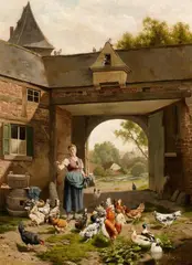 Edouard Quitton, Magd mit Hühnern, Öl auf Leinwand